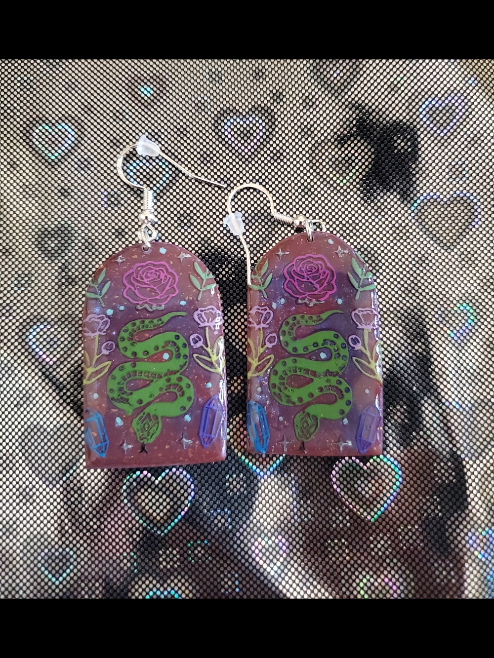 Handmade Green Snake Arch Earrings with Pink Rose